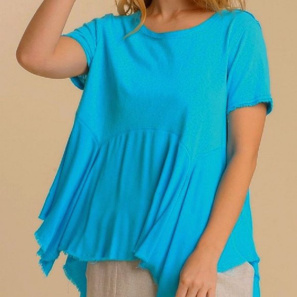 New Umgee S M Turquoise Blue Linen Blend Sharkbite Hem Oversized Tunic Top - Picture 3 of 5